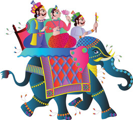 vector illustration of an Indian wedding invitation card, bride on elephant back in the procession 'Baraat' in Hindi means a groom's wedding procession in India and Pakistan. ... 