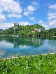 Fototapeta na wymiar landscape with lake Bled, Slovenia and Alps mountains. Spring vacation