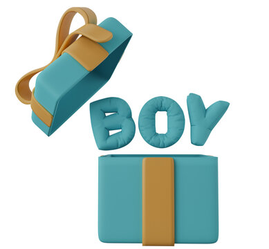 Boy Text Balloon  In Open Gift Box. Open Gift Box With Boy Balloon Word 3d Illustration. It's A Boy Congratulation.