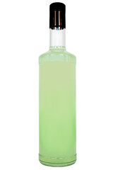 Bottle with black cap isolated and with green liquid inside.