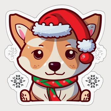 Christmas dog cartoon sticker, xmas puppy stickers collection. Winter holidays