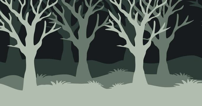 background animation of dry trees inside a dark forest