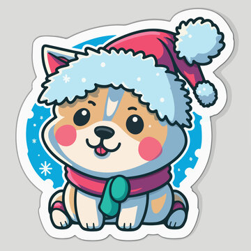 Christmas dog cartoon sticker, xmas puppy stickers with ornament. Winter holidays