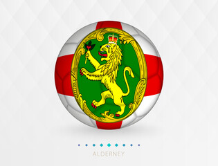 Football ball with Alderney flag pattern, soccer ball with flag of Alderney national team.