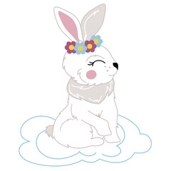 Obraz na płótnie Canvas Vector children's illustration of a white rabbit in a flower wreath on a cloud. illustration isolated on a white background