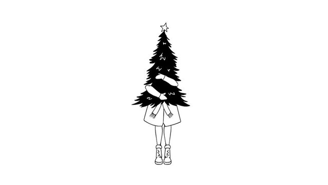 The girl is holding a tree in her hands. Hugs a tree. Christmas holiday. New Year. Good mood. Favorite holiday. Warm clothes. Black and white image. Star above. White background.