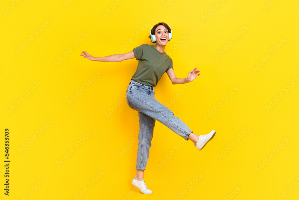 Sticker Full length photo of crazy positive girlfriend good mood rejoice shopping modern device empty space isolated on yellow color background