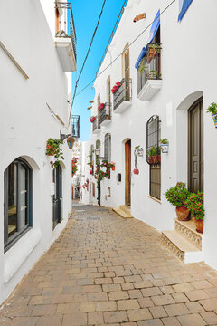 Beautiful street with flowerpots in the village of Mojacar. Spain