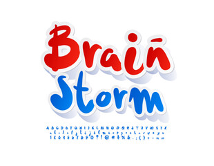 Vector creative emblem Brain Storm. Blue sticker Font. Funny Handwritten Alphabet letters and Numbers set