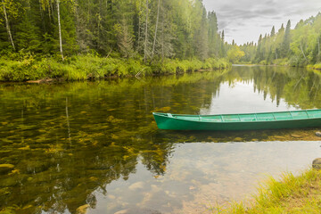 a quiet river Sotka with clear water in a wild forest in the north of the Arkhangelsk region in Russia.