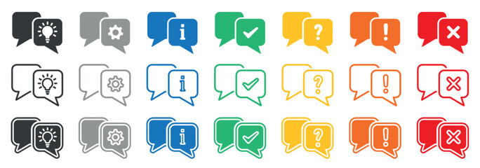 Set of icons question mark, check mark, exclamation, information sign, cross, work, idea. Speech bubbles, FAQ signs.