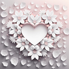 White paper heart with flower decorations. Colorful handmade paper craft flower background. Origami flower background. Valentine's day frame. Mother's day frame.