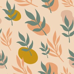 Seamless background with green and orange twigs. Silhouettes of plants on a beige background. Collage of leaves, twigs and circles. Pattern for fabric.