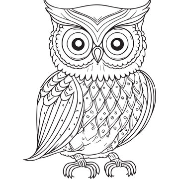 Owl outline vector illustration. Coloring book for children. Cartoon bird in black and white  drawing. Happy wise animal in nature. Fun isolated for coloring page. School activity for kids. 