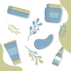 Set of tubes cosmetics.Set of colorful bottles, jars and tubes with organic cosmetics vector flat illustration. Collection of flowers, leaves and skincare products isolated on white. Natural eco