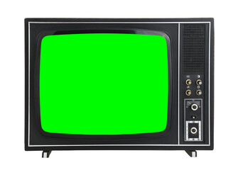 Black vintage green screen TV for adding new images to the screen. Isolated on white background.