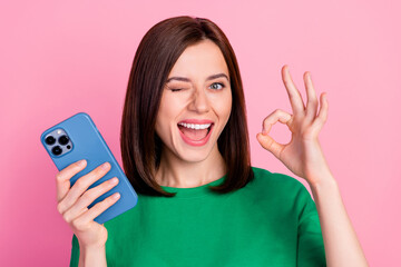 Portrait of funny attractive person eye wink hand fingers show okey symbol hold telephone isolated...