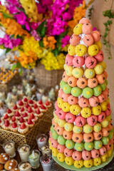 Typical peruvian food and drinks, breakfast, bread, dinner and dessert buffet