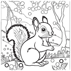 Squirrel outline vector illustration. Coloring book for children. Cartoon wild animal in black and white drawing. Happy mammal in nature. Fun isolated for coloring page. School activity for kids. 