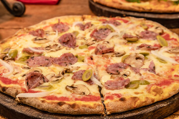 Typical peruvian food and drinks, variety of pizzas