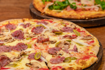 Typical peruvian food and drinks, variety of pizzas
