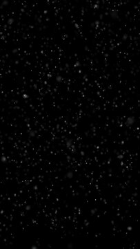 Seamless looping realistic snowflakes falling down on clean black vertical animation background. Slow motion.