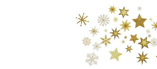 Banner with golden decoration. Festive border with falling glitter dust and stars.