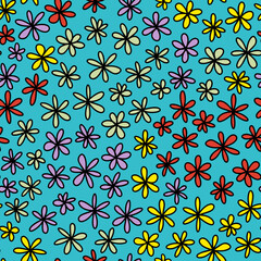 Cute floral seamless repeat pattern. Random placed, vector hand drawn flower heads all over surface print on turquoise background.