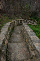 Stone stairs with railings of the same material going down to a wooded area