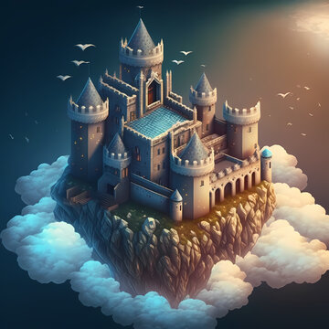 3d isometric ancient floating castle in the clouds