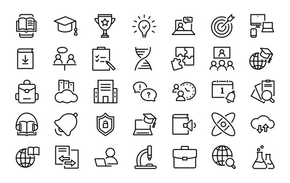 Set of 35 education icons in line style. E-learning, school, academic subjects, success. Vector illustration.