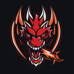 Dragon head breathing fire vector art. Logo design. Isolated monster. Traditional asian fantasy. Sport football team, hockey, baseball mascot. Creative modern mythological element. Red logo.