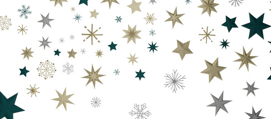 golden openwork shiny snowflakes, star, 3D rendering.