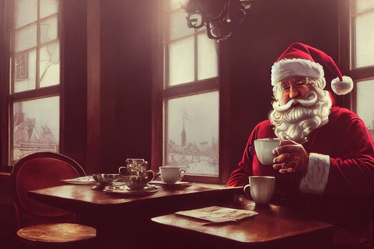 Santa Clause Drinking A Cup Of Coffee Hot Chocolate Before Work Vintage, Classic. Shop Cafe