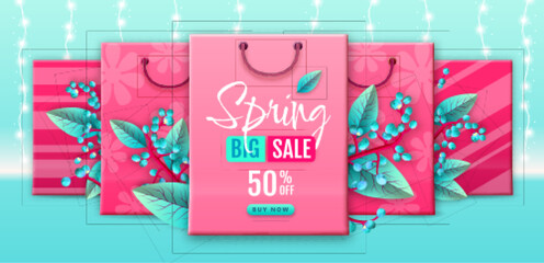 Spring big sale typography poster with flowering branches and paper bags. Nature concept. Vector illustration