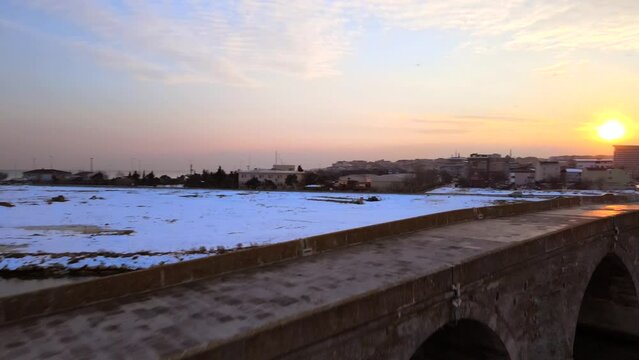 Drone view of the Mimarsinan birdge in Buyukcekmece in winter in Turkey