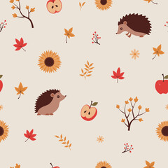 Autumn seamless pattern, Hedgehog, apples and sunflowers, Autumn leaves