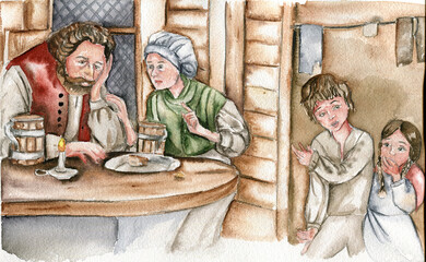 Hansel and Gretel at parens  house.Parents decide to leave children in a forest. Hansel and Gretel listening. Watercolor fantasy illustration. Hand drawn book story. Children fairy tales 