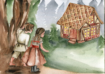 Hansel and Gretel watercolor fantasy illustration. Hand drawn book story. Children fairy tales 