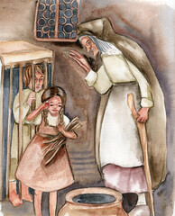 Hansel and Gretel watercolor fantasy illustration. Hand drawn book story. Children fairy tales 