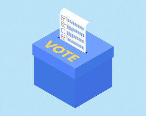 Online Voting System flat cartoon isometric vote box isolated on blue background