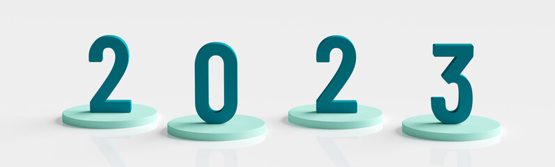 Dark teal digits 2023 on podiums on the glossy snow-white background. New year postcard, banner. 3d render.