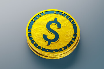 Gold Dollar coin stack on the pastel blue background. 3D render. CBDC - Central bank digital currency, Online Internet Banking concept.