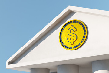 Gold Dollar coin on roof gable of bank. 3D illustration, render. CBDC - Central bank digital currency, Online Internet Banking concept.