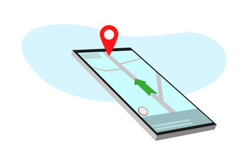 Vector illustration of smartphone with mobile navigation app on screen. Route map with symbols showing location of man. Global Positioning System concept design element in flat style. Vector