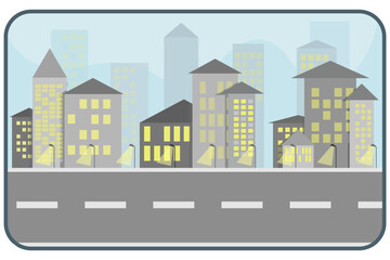 Obraz premium Vector poster with city view. Urban landscape with skyscrapers Panoramic view. Night city with moon. Vector illustration