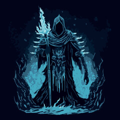Frost  mage vector illustration.  Dark wizard. Fairytale sorcerer casting and firing a spell, Cold witchcraft. Mystery rpg hero. Video game character. Necromancer with staff and wand. Ancient magic.