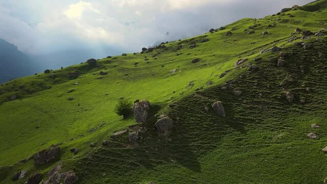 Aerial view of the mountainside and beautiful alpine green meadows