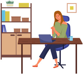 Woman communicate, workplace with computer. Remote work, freelance, house office, programming, training concept. Lady sitting with laptop and surfing Internet. Female freelancer works from home