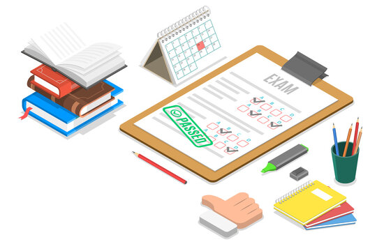 3D Isometric Flat  Conceptual Illustration of Paper Based Exam